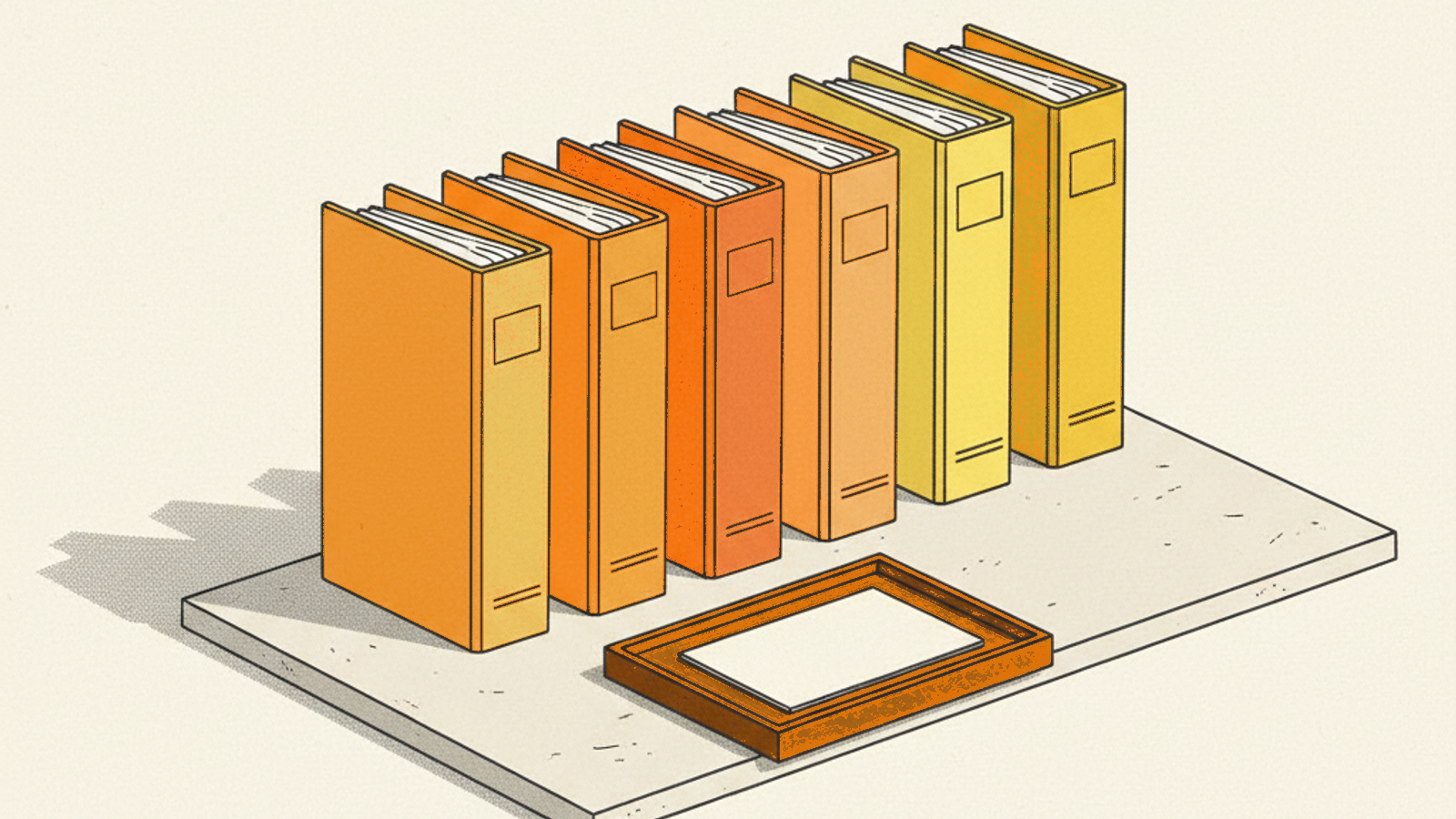 Six orange and yellow binders standing in a row on a pale-stone slab, with a shallow amber tray in front holding one blank sheet