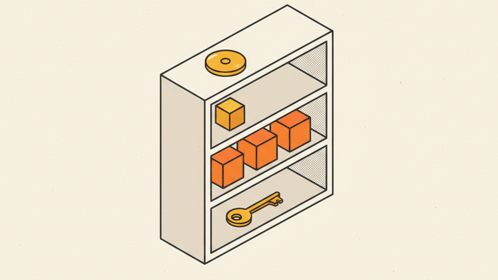 A pale-stone shelf unit with three shelves, an amber disc resting on top, one amber cube and a row of three terracotta cubes inside, and a brass key on the bottom shelf