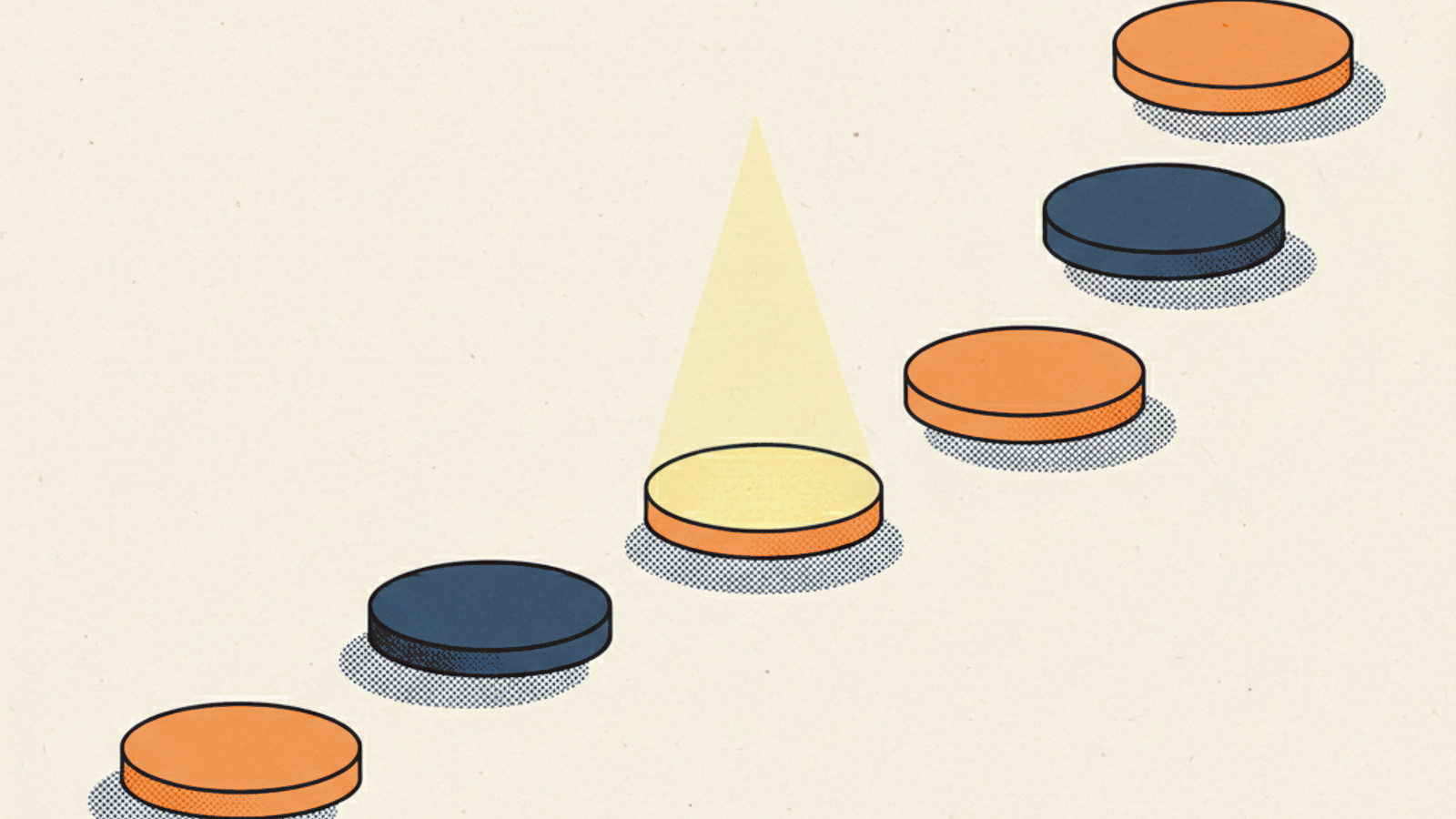 A curved path of seven rounded stepping-stone discs rising left to right, with a single amber disc glowing near the middle under a soft overhead light