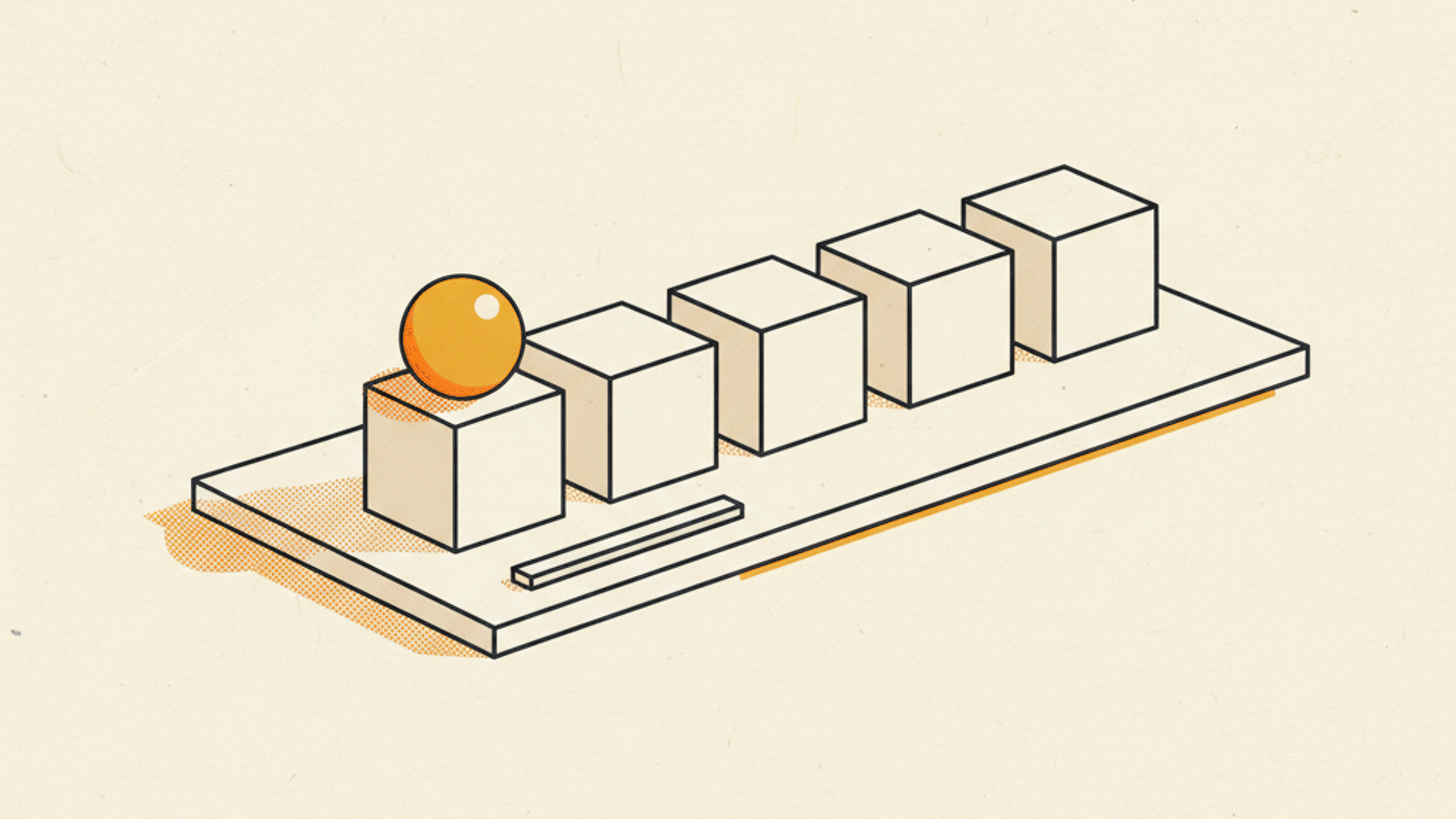A row of five blank pale cubes on a stone slab with an amber sphere resting on the first and a thin bar lying in front