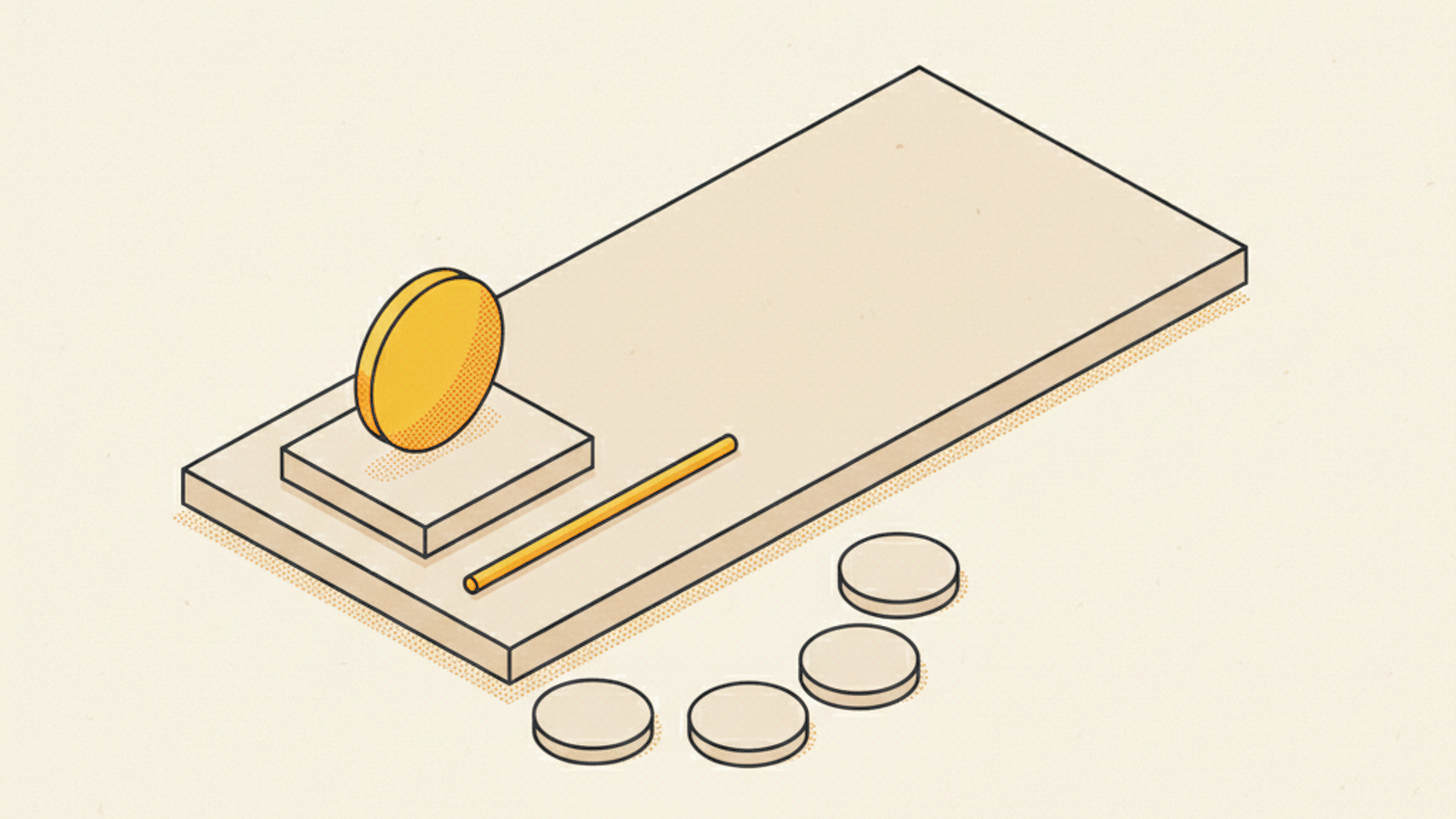 A long pale slab with a low square platform at its left end holding an upright amber disc, a thin amber rod beside the platform, and a gentle arc of four blank pale tokens lying on the paper in front of the slab