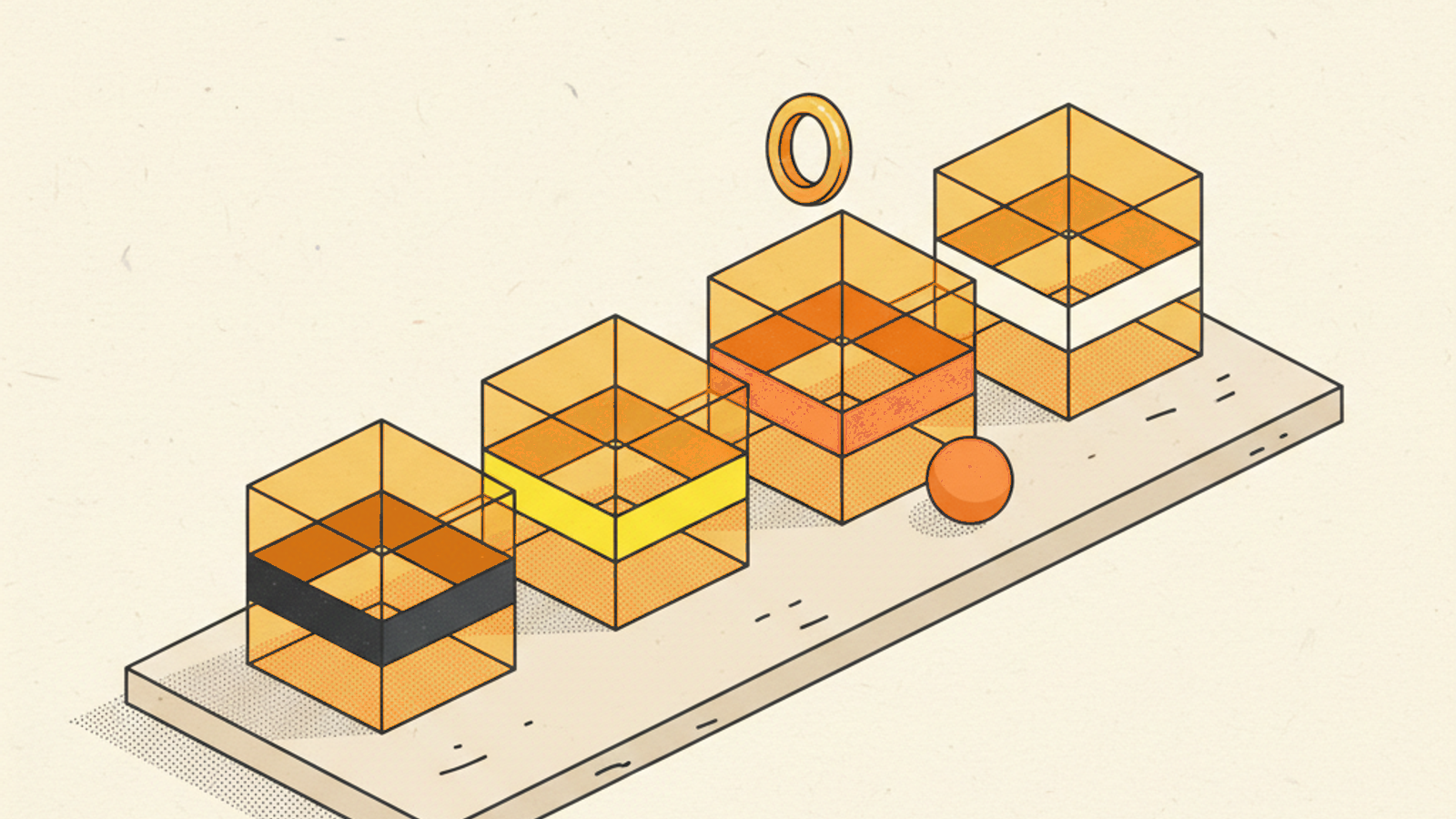 Four translucent amber cubes stepping up diagonally along a pale-stone slab, banded in dark grey, yellow, terracotta and white, with a small brass ring floating above the third cube and a terracotta sphere beside it