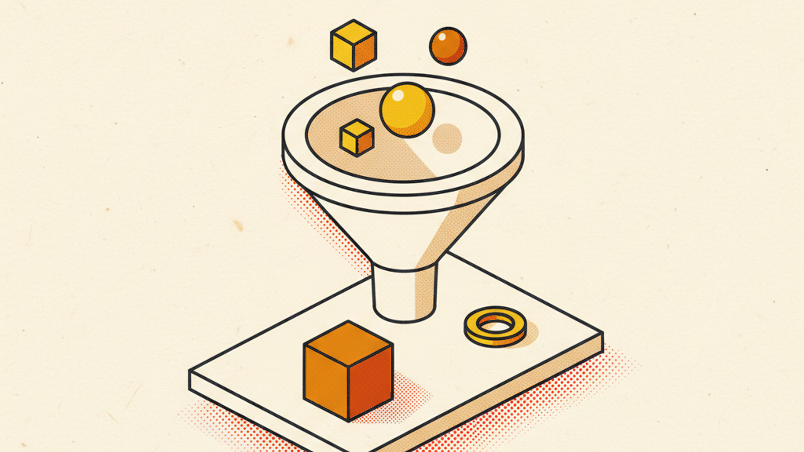 A wide pale-stone funnel on a slab with two small amber cubes, a yellow sphere and a terracotta sphere drifting into its mouth, and a larger amber cube and a brass ring resting on the slab below