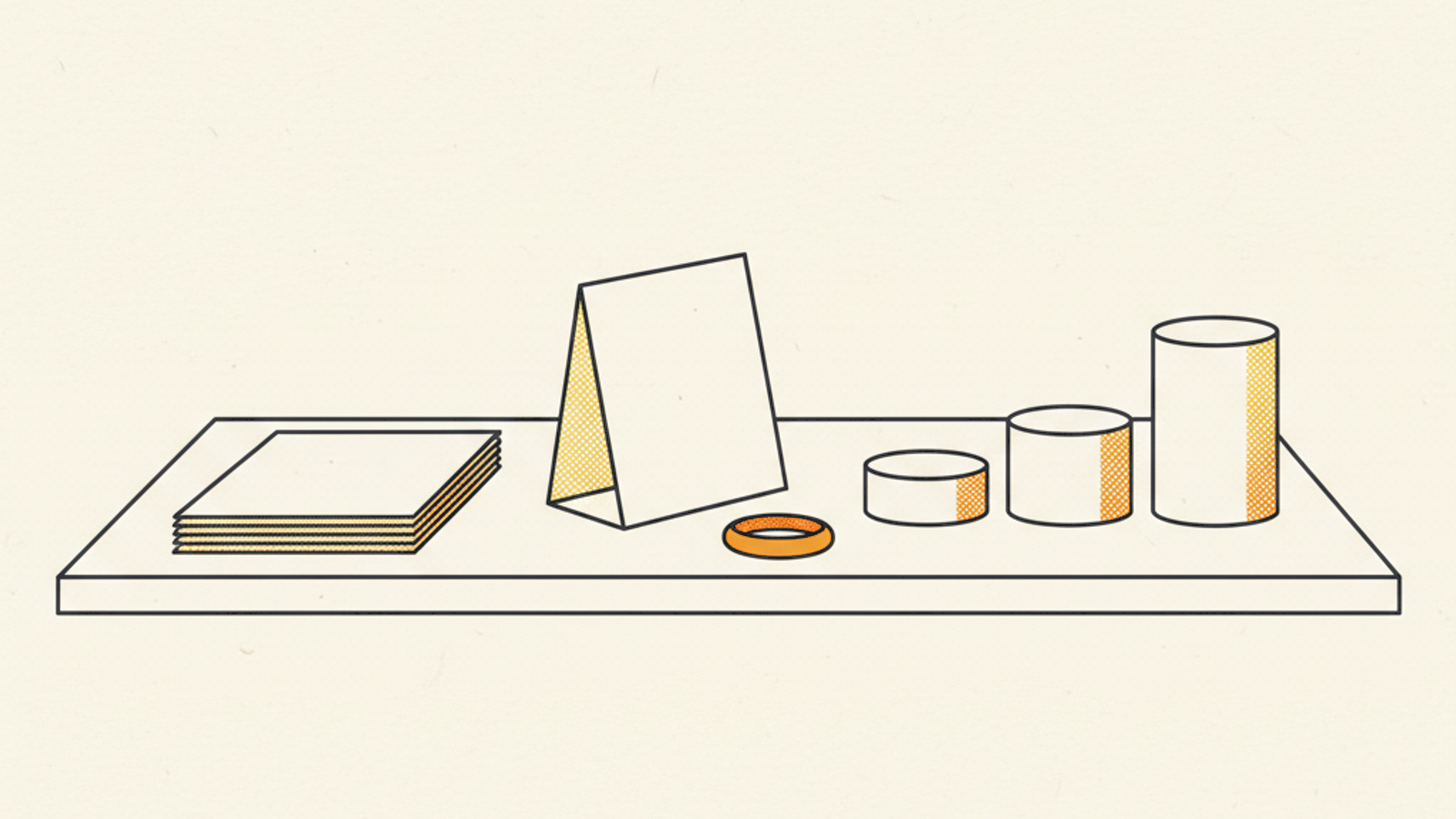 A pale desk surface holding a stack of blank sheets, an upright blank folded card, an amber ring and three blank cylinders of rising height