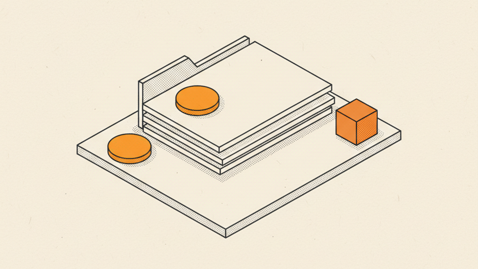 A pale-stone slab holding a stack of three blank folder-like slabs with an amber disc on top, a second amber disc beside it and a terracotta cube on the right
