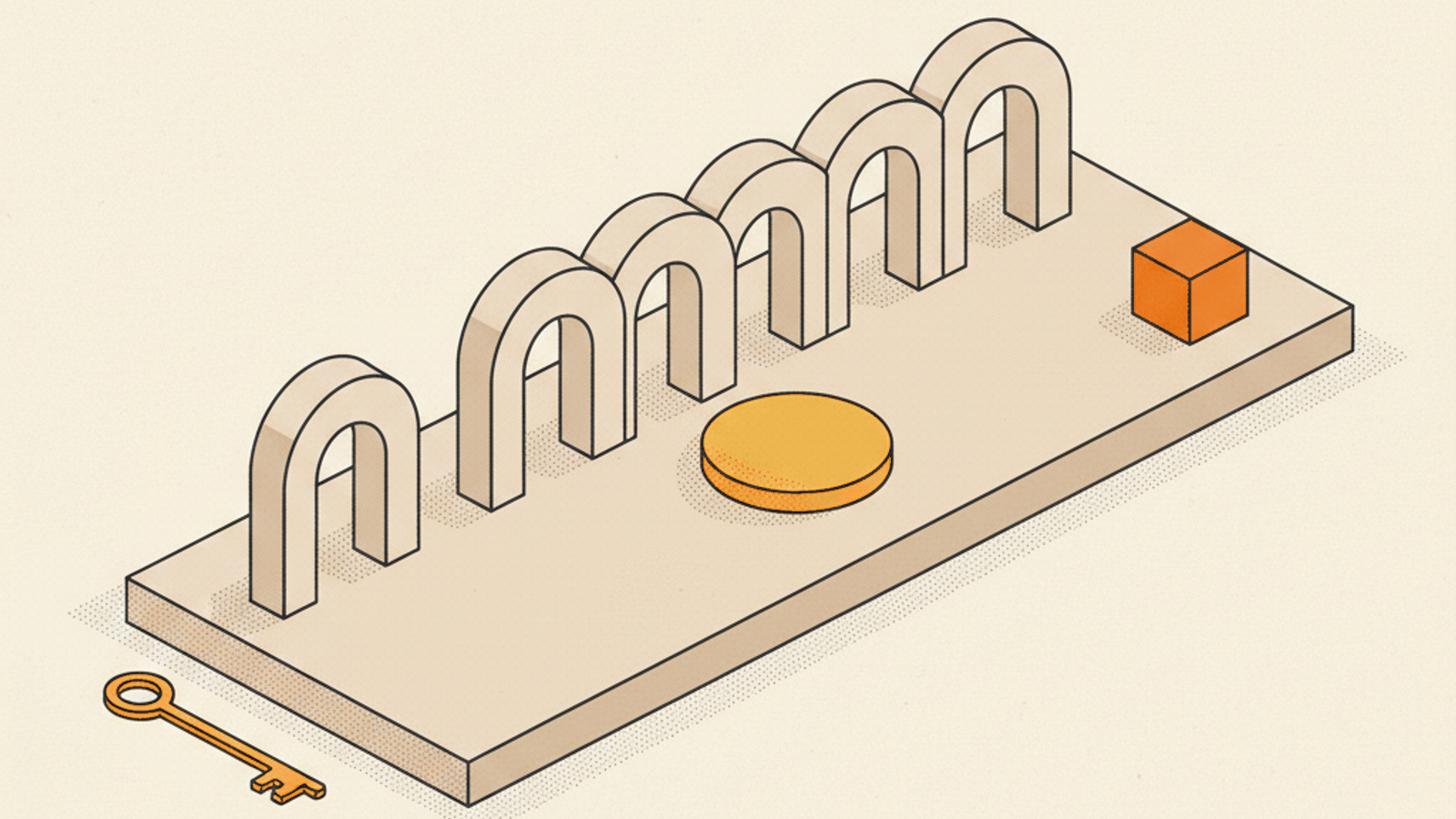 Six blank stone arches in a row on a pale slab, an amber disc in front of the middle, a terracotta cube at the right end and a brass key lying beside the slab