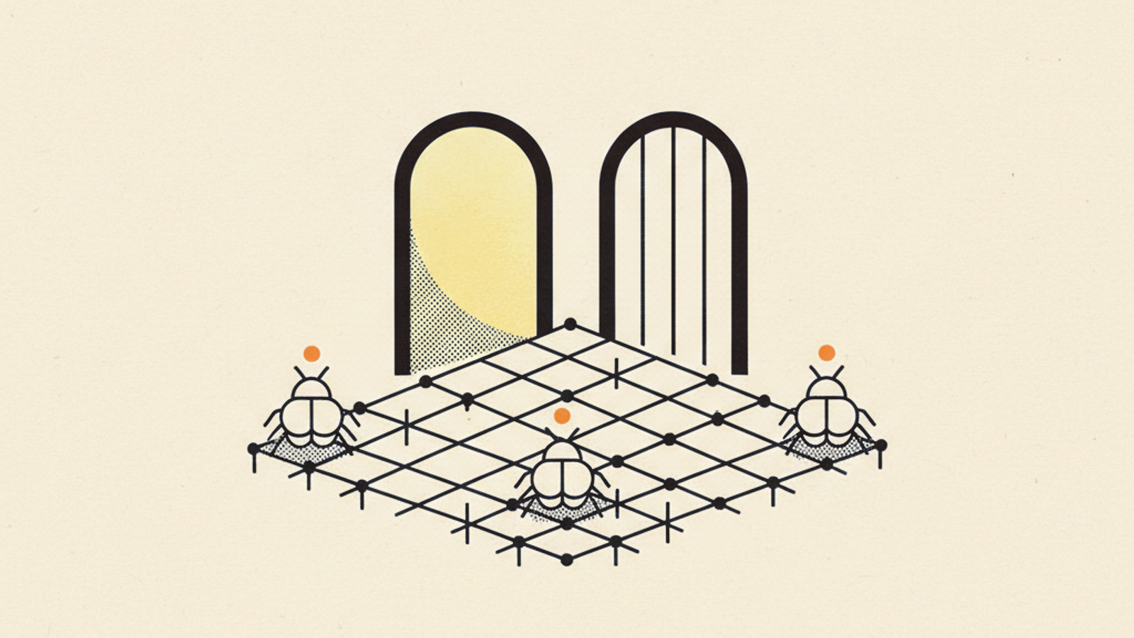 Three small geometric beetle shapes crossing a woven lattice toward two archways, one open and amber-glowing, the other barred shut