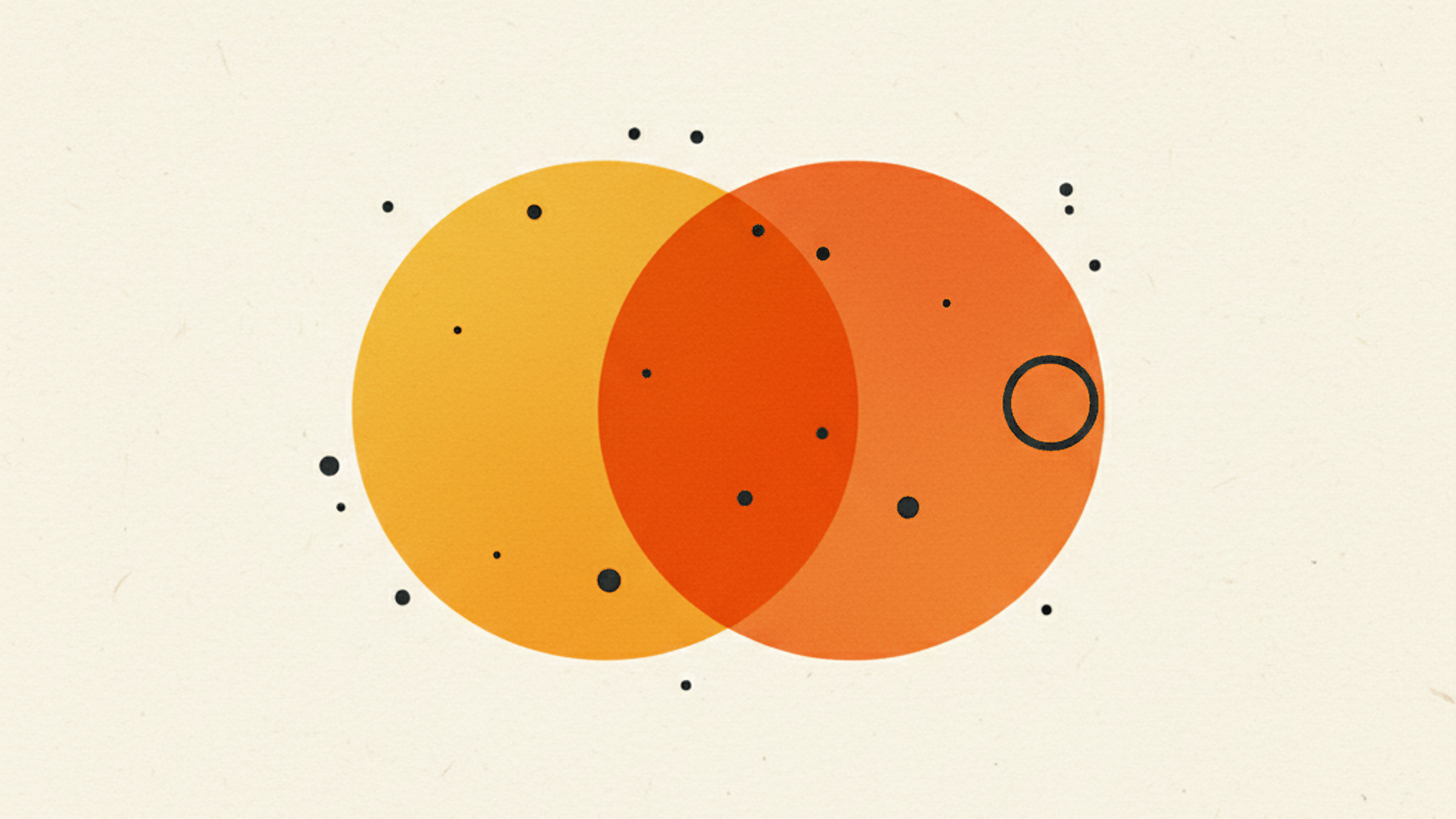Two overlapping translucent circles, one amber-yellow and one orange, on a warm off-white field, with a deeper red-orange lens where they overlap and small charcoal dots and one hollow ring scattered in and around both shapes