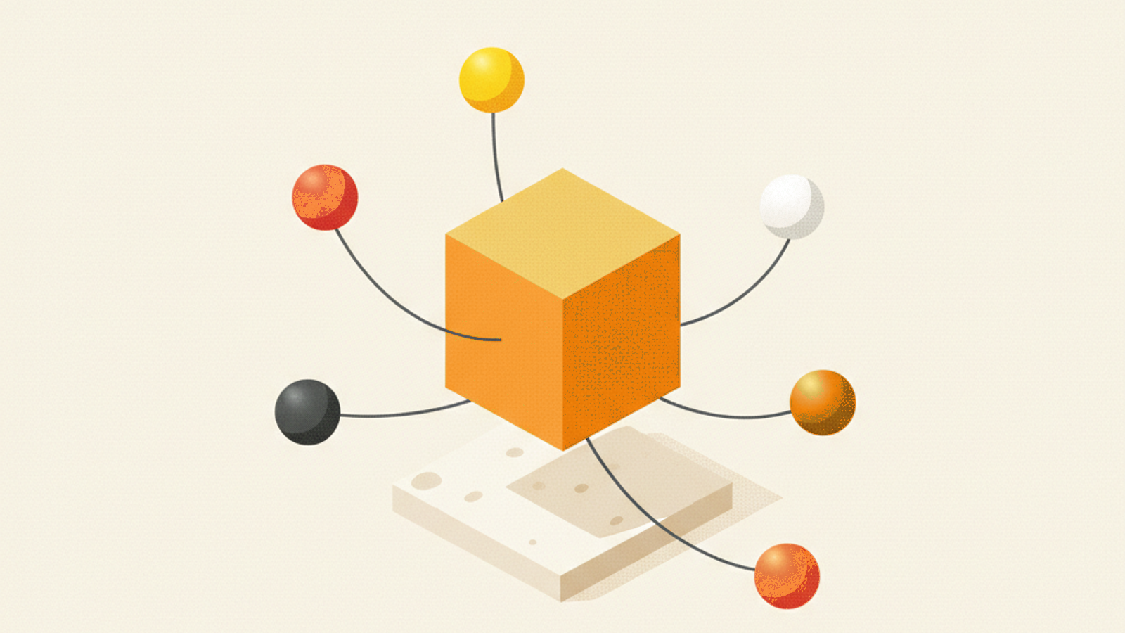 A tall amber cube hovering over a pale-stone slab, joined by thin dark cords to six plain spheres in terracotta, yellow, white, dark grey, brass and terracotta