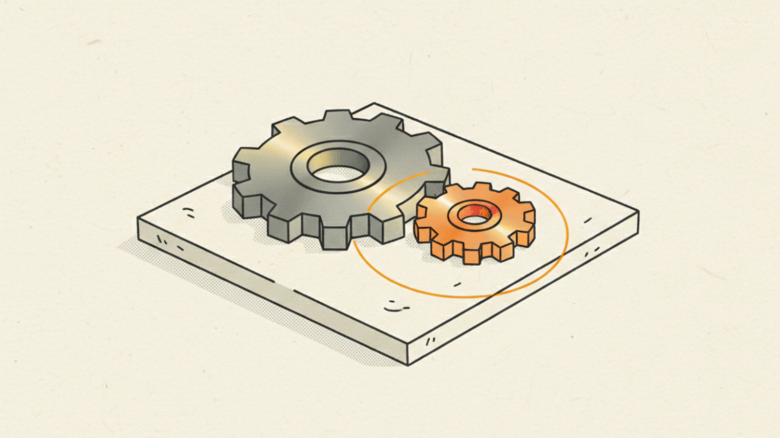 A brushed-steel spur gear meshing with a smaller copper gear, both lying flat on a pale-stone slab on a warm ivory field, with a thin amber arc circling the smaller gear