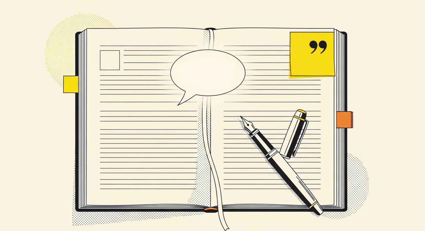 Open editorial notebook with a fountain pen and an amber glowing speech bubble rising from the page, with a quotation-curl sticky note in the corner