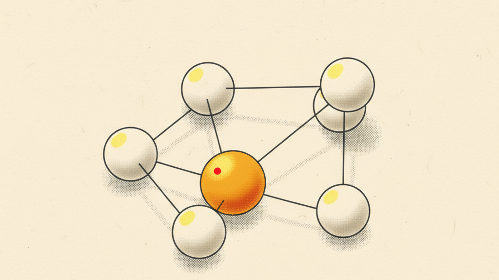 Six pale ivory spheres and one larger amber sphere with a small red dot, joined by thin graphite rods into a small open network on a warm ivory field