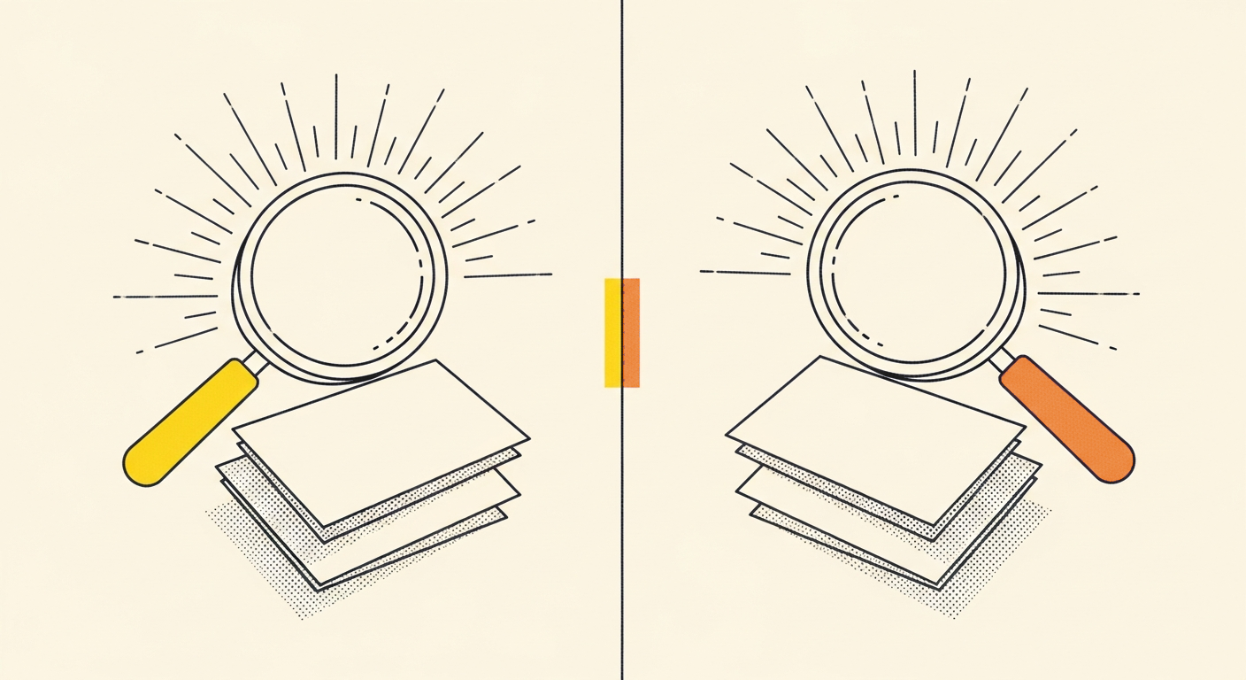 Two stylized magnifying glasses facing each other across a thin center divider, each hovering over a stack of blank papers