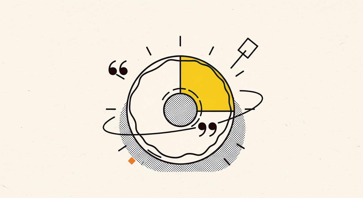 Donut chart with one amber gradient slice highlighted, ringed by tick marks and a small orbiting quotation-curl shape