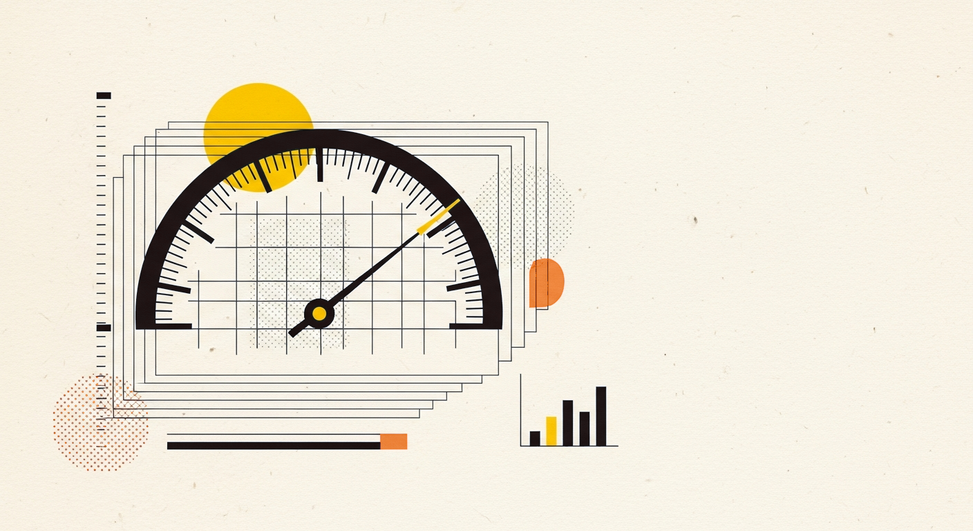 Half-circle measurement gauge with a needle past the midpoint, layered over translucent stacked index sheets and a small bar chart
