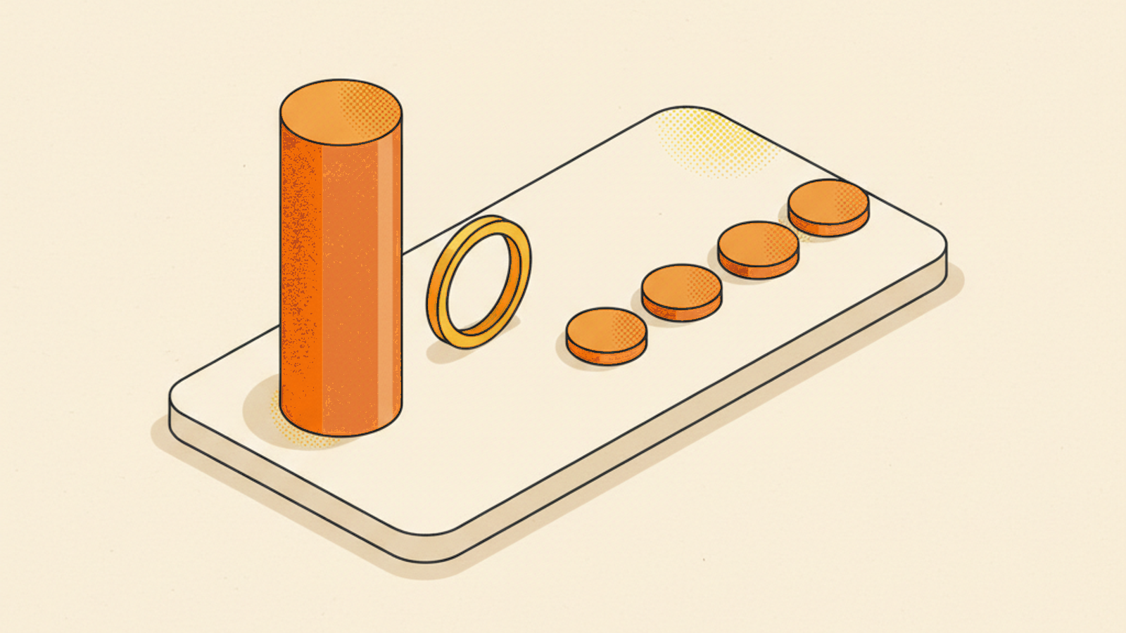 A pale-stone slab with a tall terracotta cylinder on the left, a thin upright brass ring beside it and a straight row of four identical flat amber discs on the right
