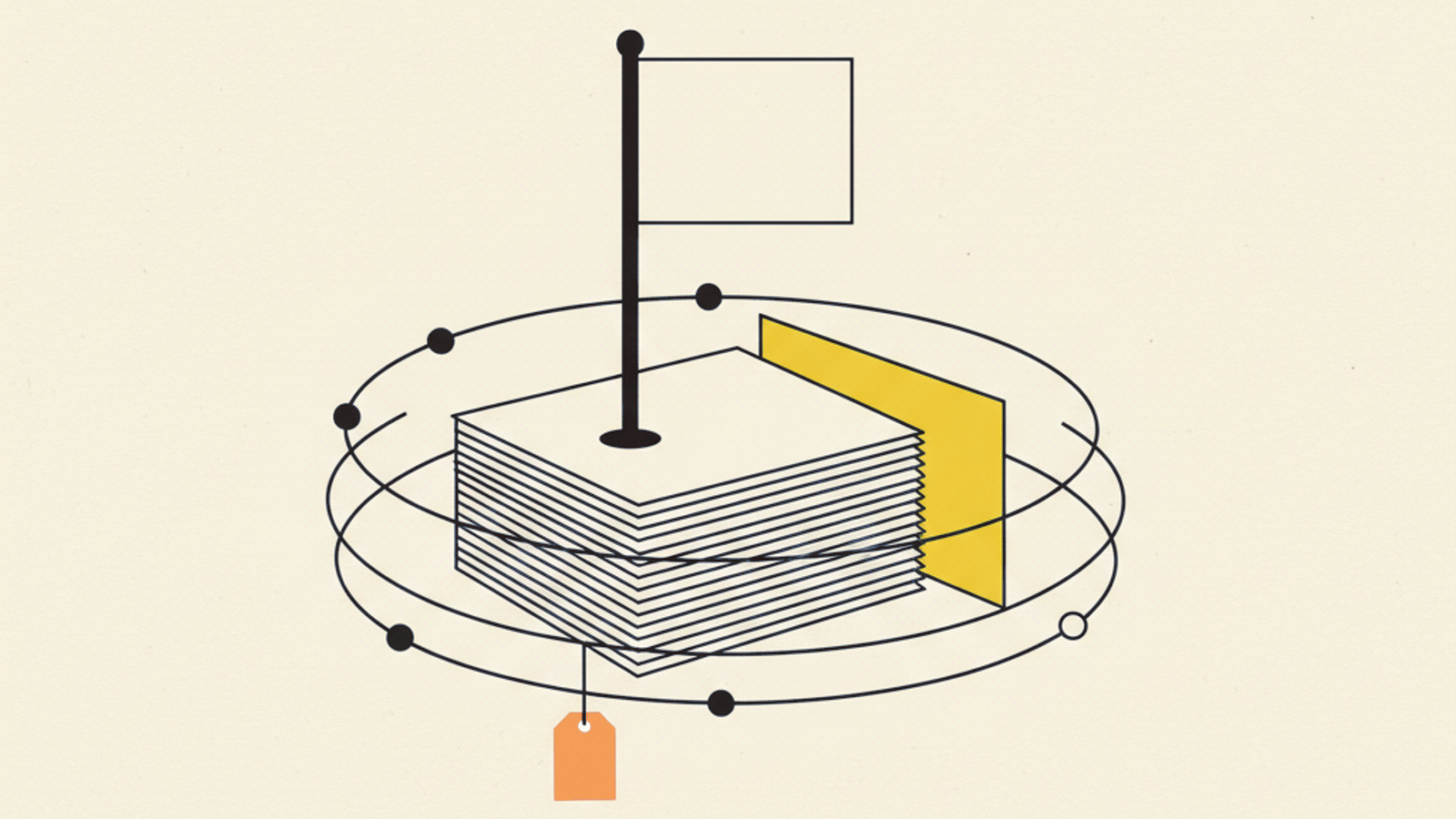 A flag planted on a stack of blank pages with three thin orbit lines circling it, one page pulled out and highlighted in amber gradient
