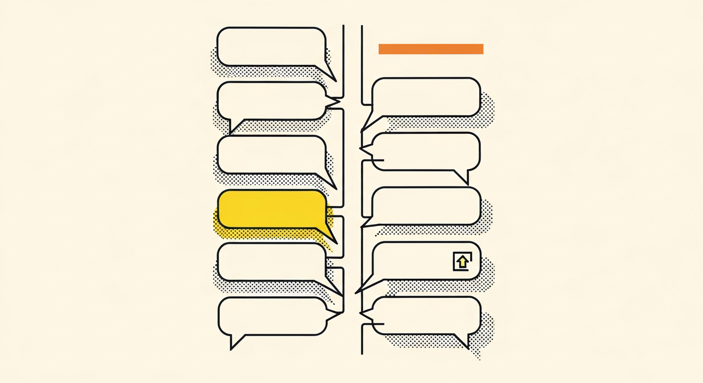 Stacked threaded conversation bubbles arranged in two newspaper-style columns with one bubble highlighted in amber gradient