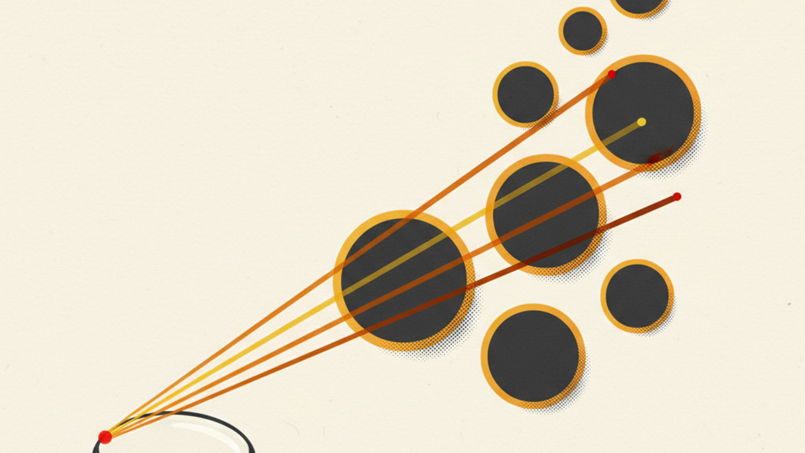 Graphite discs of different sizes with amber rings on a warm ivory field, crossed by amber strands fanning out from a clear lens