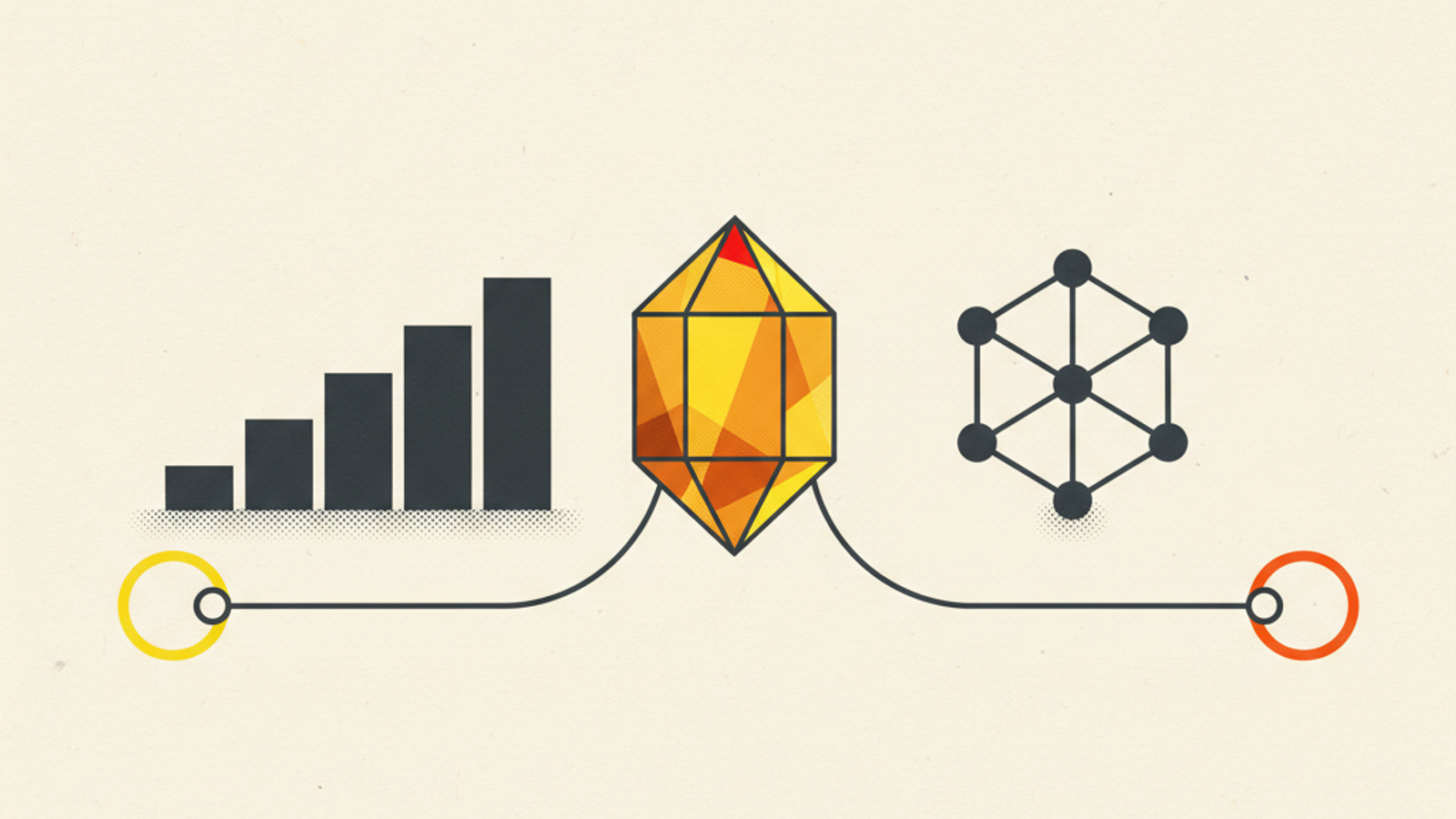 An amber evidence prism balancing an abstract healthcare structure and molecular lattice with paths to local and scientific source rings
