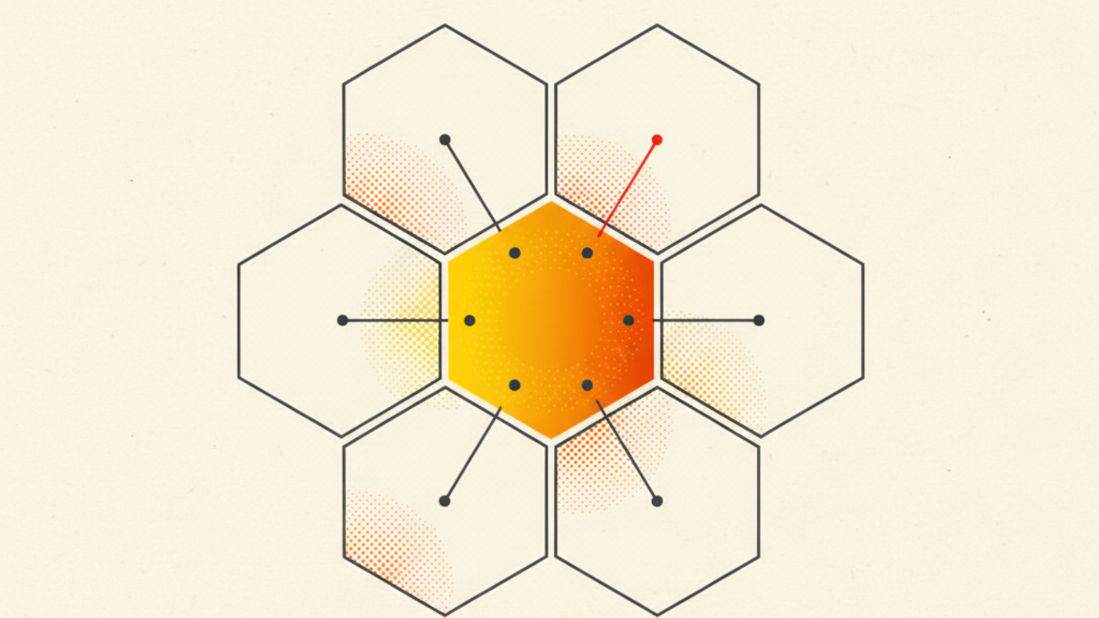 Seven geometric hexagons arranged in a honeycomb cluster, with a solid amber center and six thin outlined surrounding hexagons