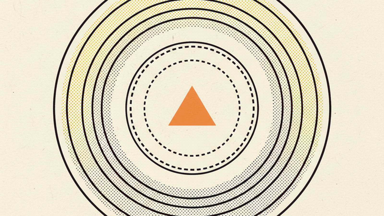 Four concentric thin rings radiating from a small solid amber triangle at the center, the innermost ring dashed as a boundary, on a plain background