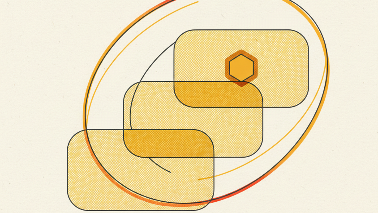 Three overlapping rounded rectangles in stepped positions with a small solid amber hexagon centered on the top layer