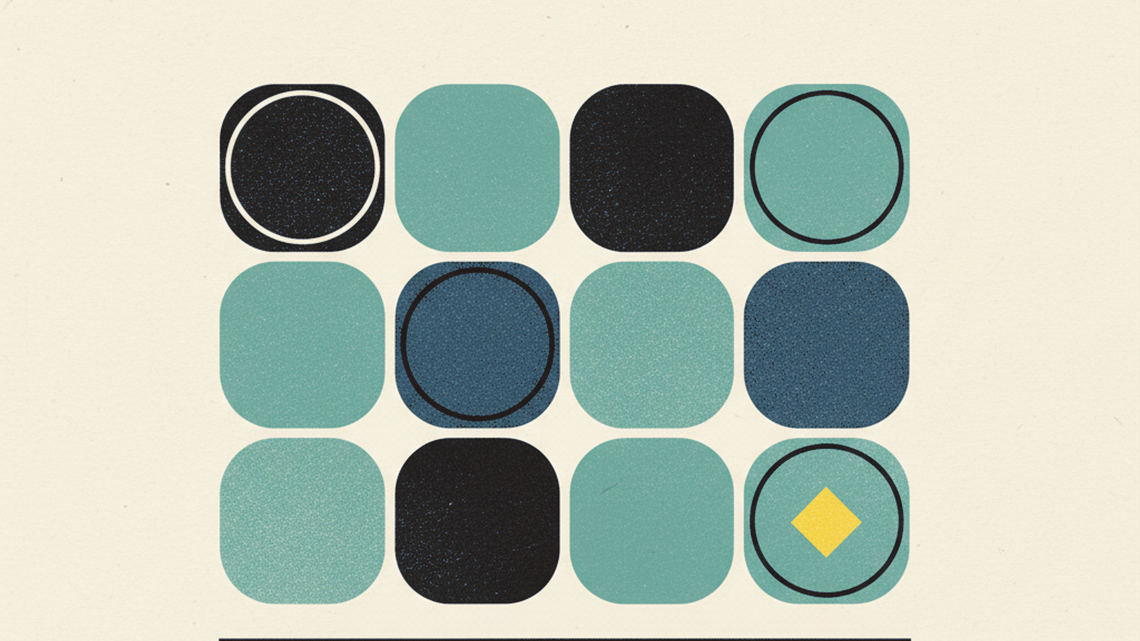 A calm grid of rounded rectangles with three cells ringed by thin circles and one cell holding a small solid amber diamond, on a plain background