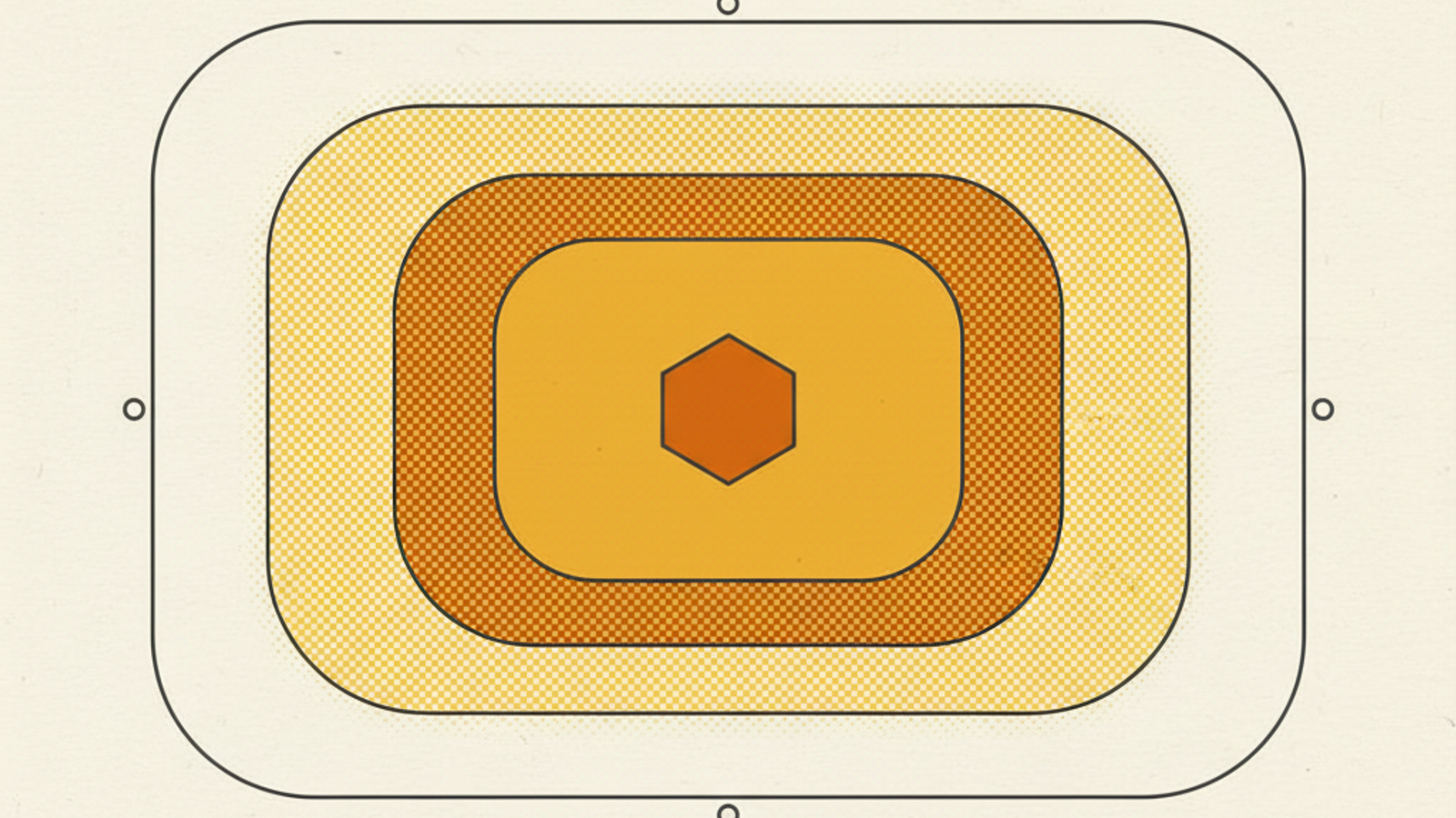 Three concentric rounded rectangles outlined in thin strokes with a small solid amber hexagon at the center