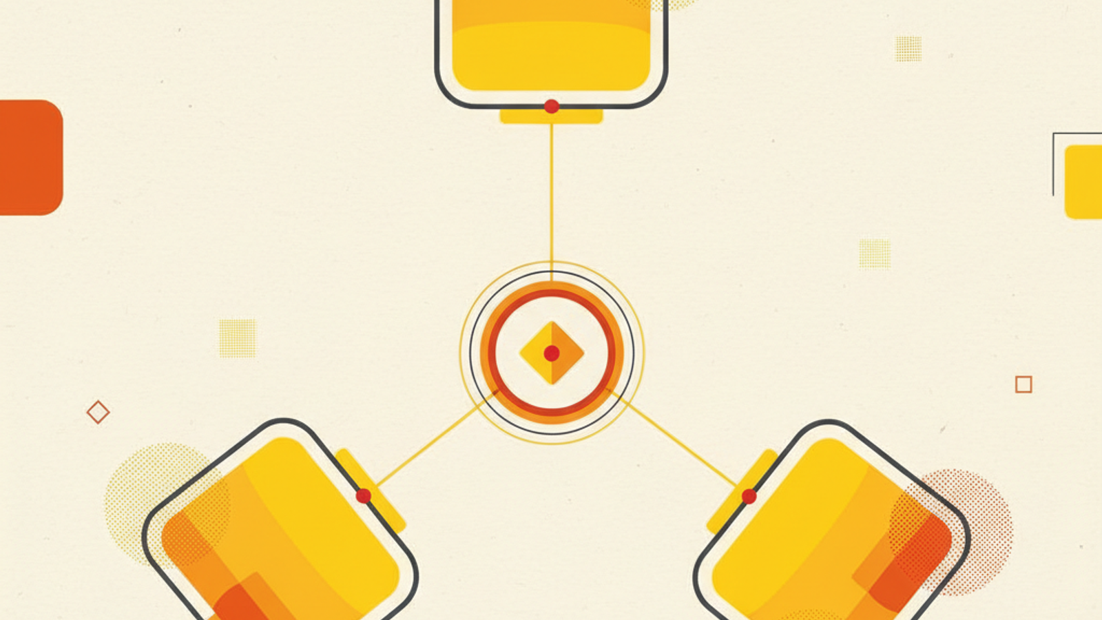 Three softly rounded rectangles in a triangular cluster connected by thin lines to a central amber diamond