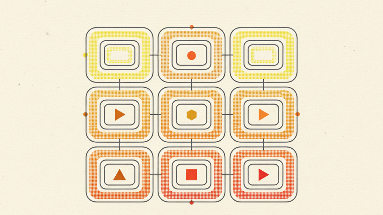 A grid of nested rounded rectangles connected by thin lines, with a small solid amber hexagon in the center cell