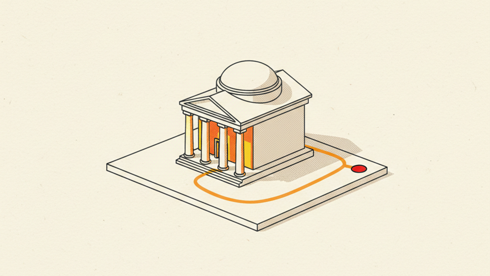 A small pale-stone civic building model with four columns and a low dome, set on a flat slab on a warm ivory field, with a thin amber line looping from its doorway around the building to a small red dot