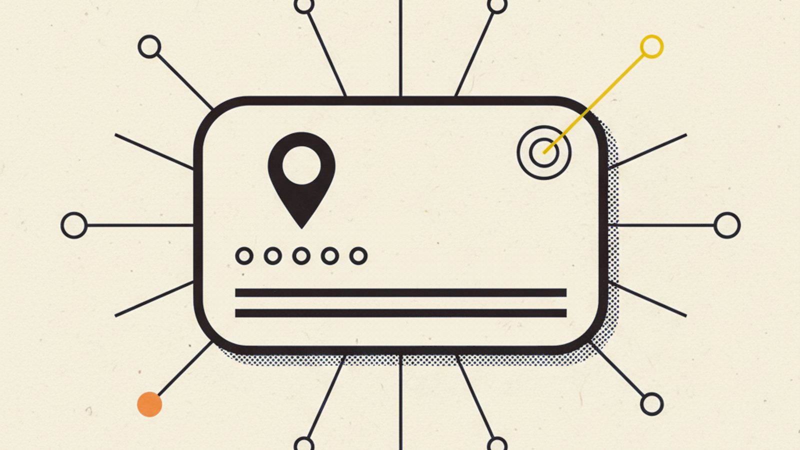 A rounded card holding a location pin, five dots, and rule lines, with thin rays extending to orbiting circles, one amber