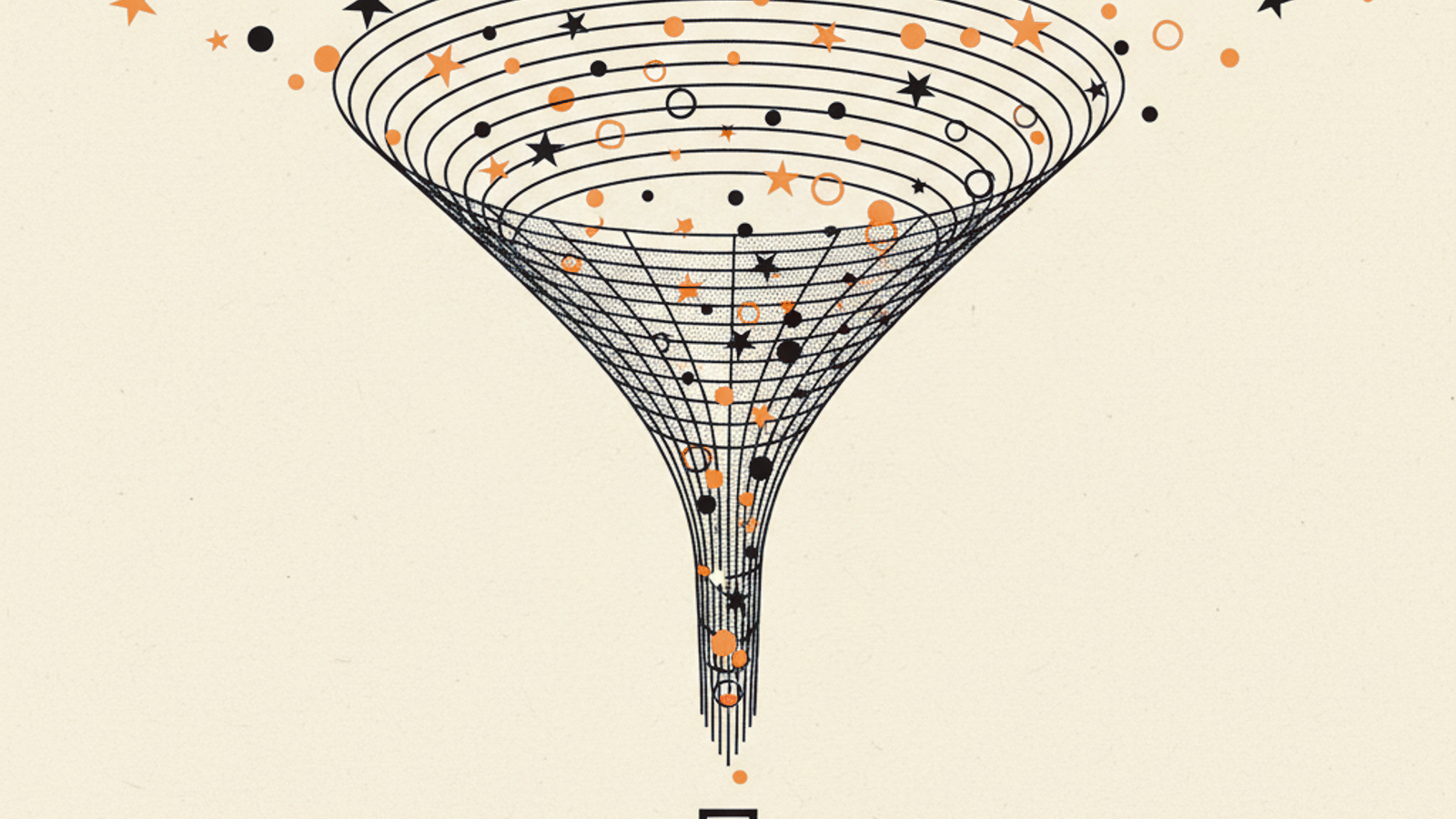 Thin concentric arcs funneling scattered small shapes into one ordered line of three, the middle shape amber-yellow