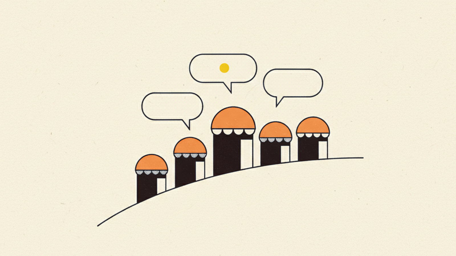 Abstract storefronts along a curved street with thin speech bubbles drifting toward them, one holding an amber dot
