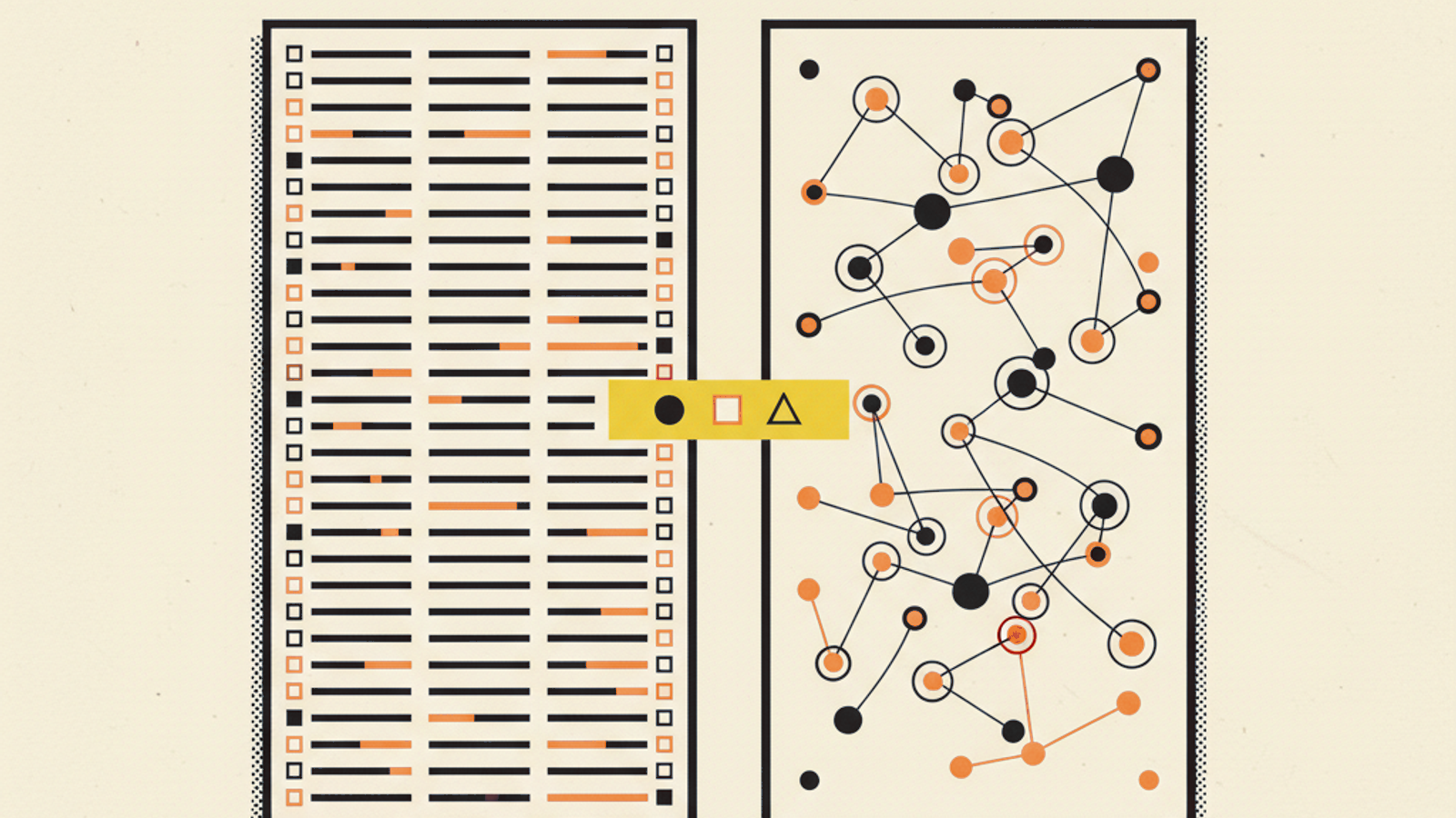 Two parallel panels — orderly horizontal bars and a loose dot constellation — joined mid-height by an amber gradient bridge band