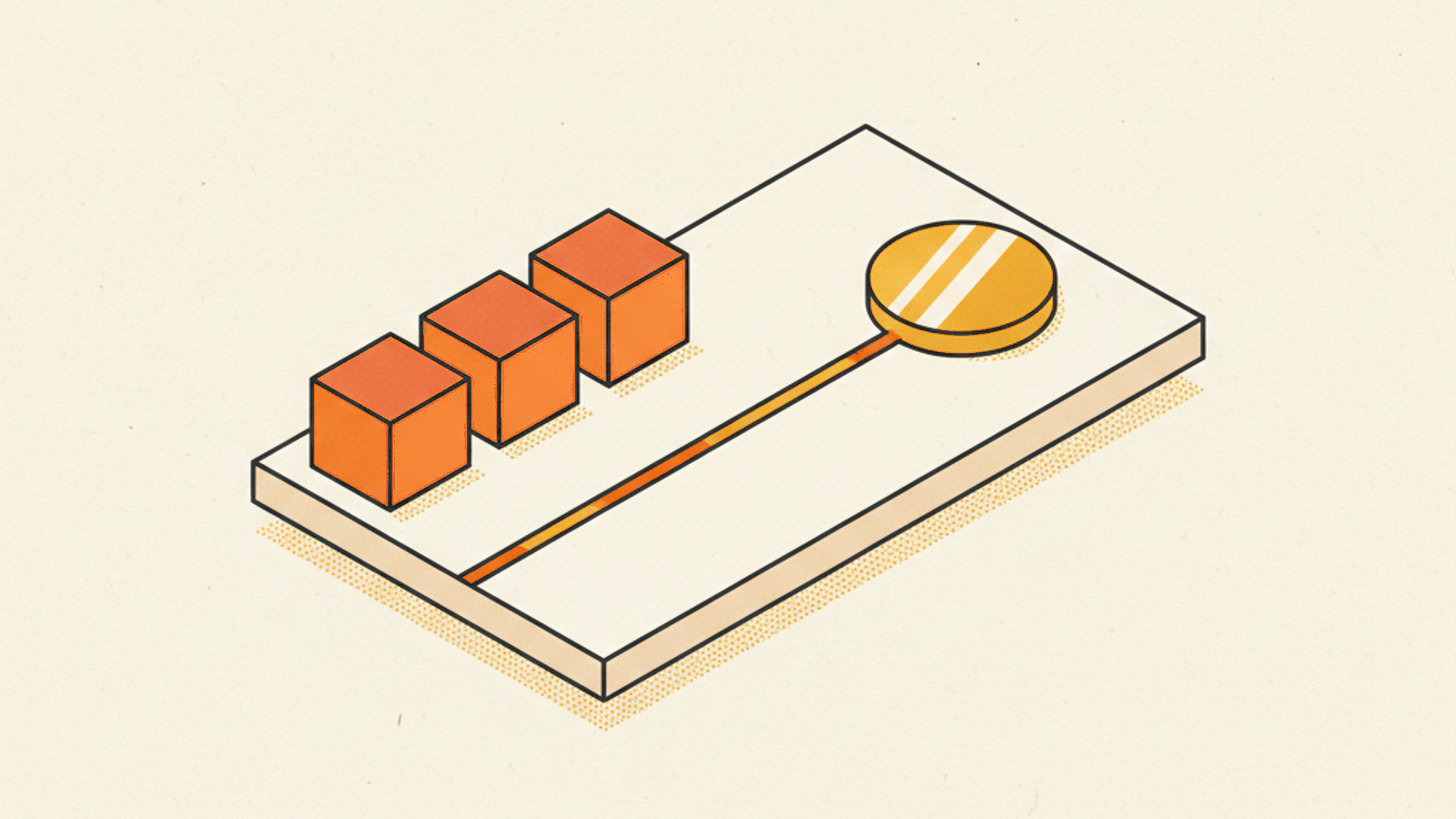 A pale-stone slab with a row of three terracotta cubes on the left and an amber disc with two pale stripes on the right, joined by a thin brass line