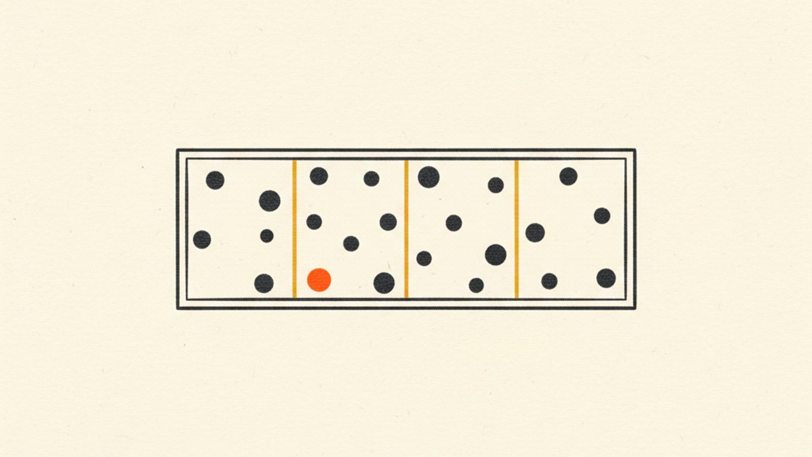 A wide hollow charcoal rectangle split into four parts by three thin amber lines, holding about twenty small scattered charcoal circles and one vivid orange circle, on a warm off-white field