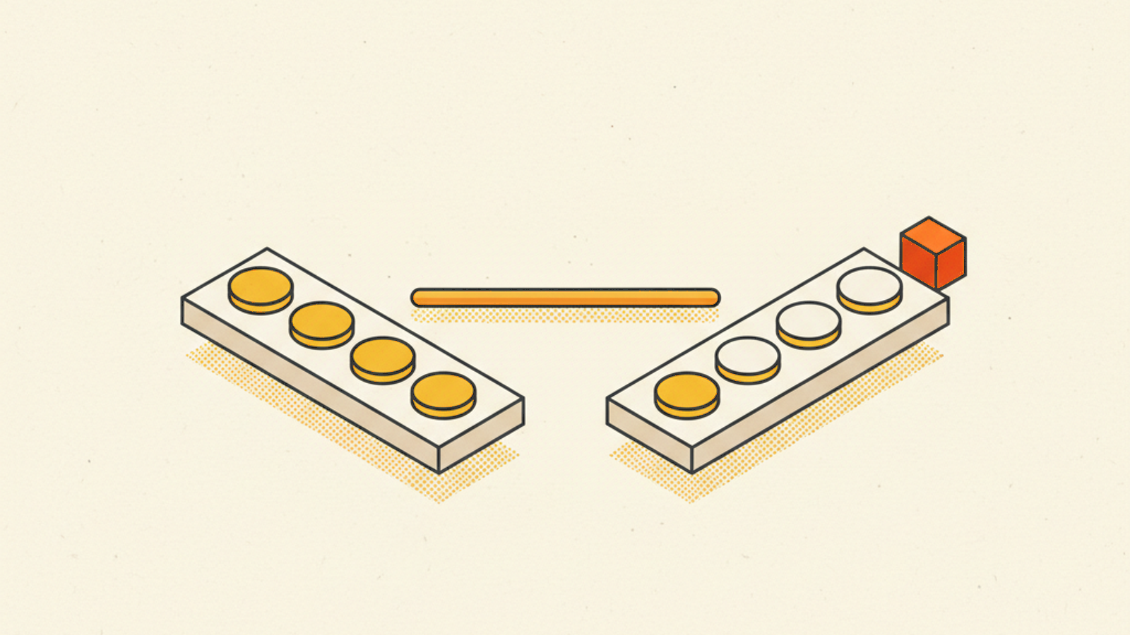 Two small pale slabs facing each other, the left holding four amber round tokens and the right holding one amber and three blank tokens with a small orange cube at its far end, and a thin amber rod lying in the gap between them