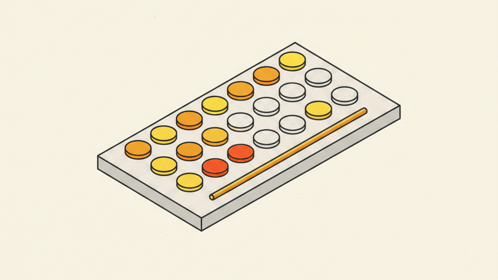 A small pale slab covered in a grid of round tokens, amber and orange across the left and back and blank pale ones toward the right, with a thin amber rod along the front edge