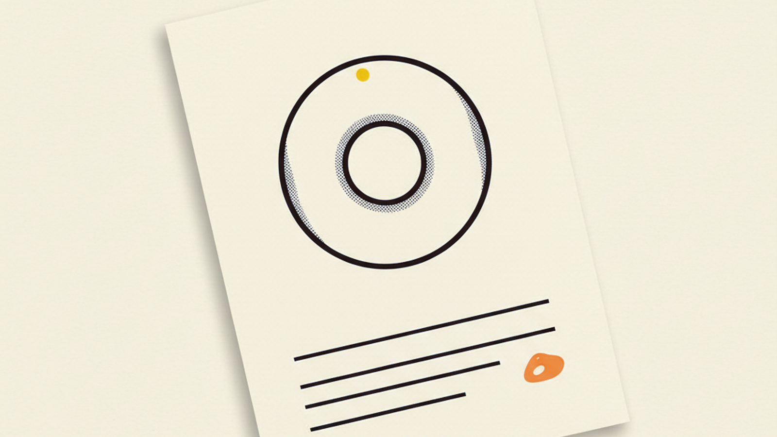 A single angled blank sheet holding one large donut ring and three thin horizontal rules, with a small amber dot on the ring
