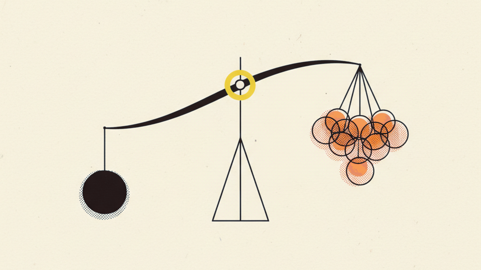A minimalist balance scale weighing one solid charcoal sphere against a loose cluster of translucent amber spheres, with an amber ring at the pivot