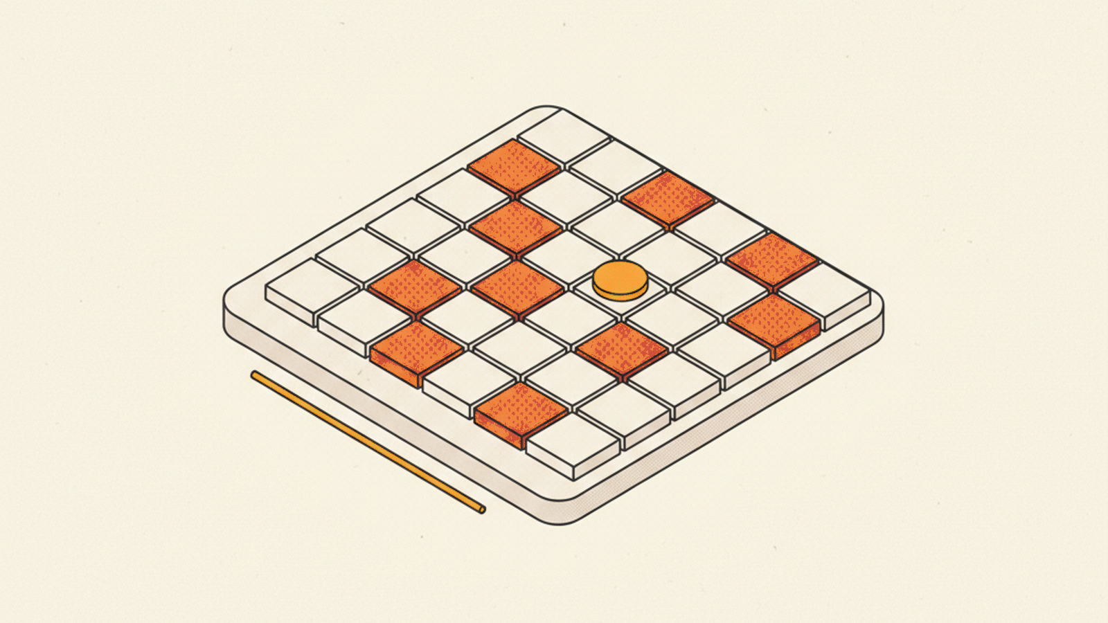 A pale slab holding a grid of blank pale tiles with orange tiles scattered among them, an amber disc on a tile near the centre and a thin amber rod lying beside the slab