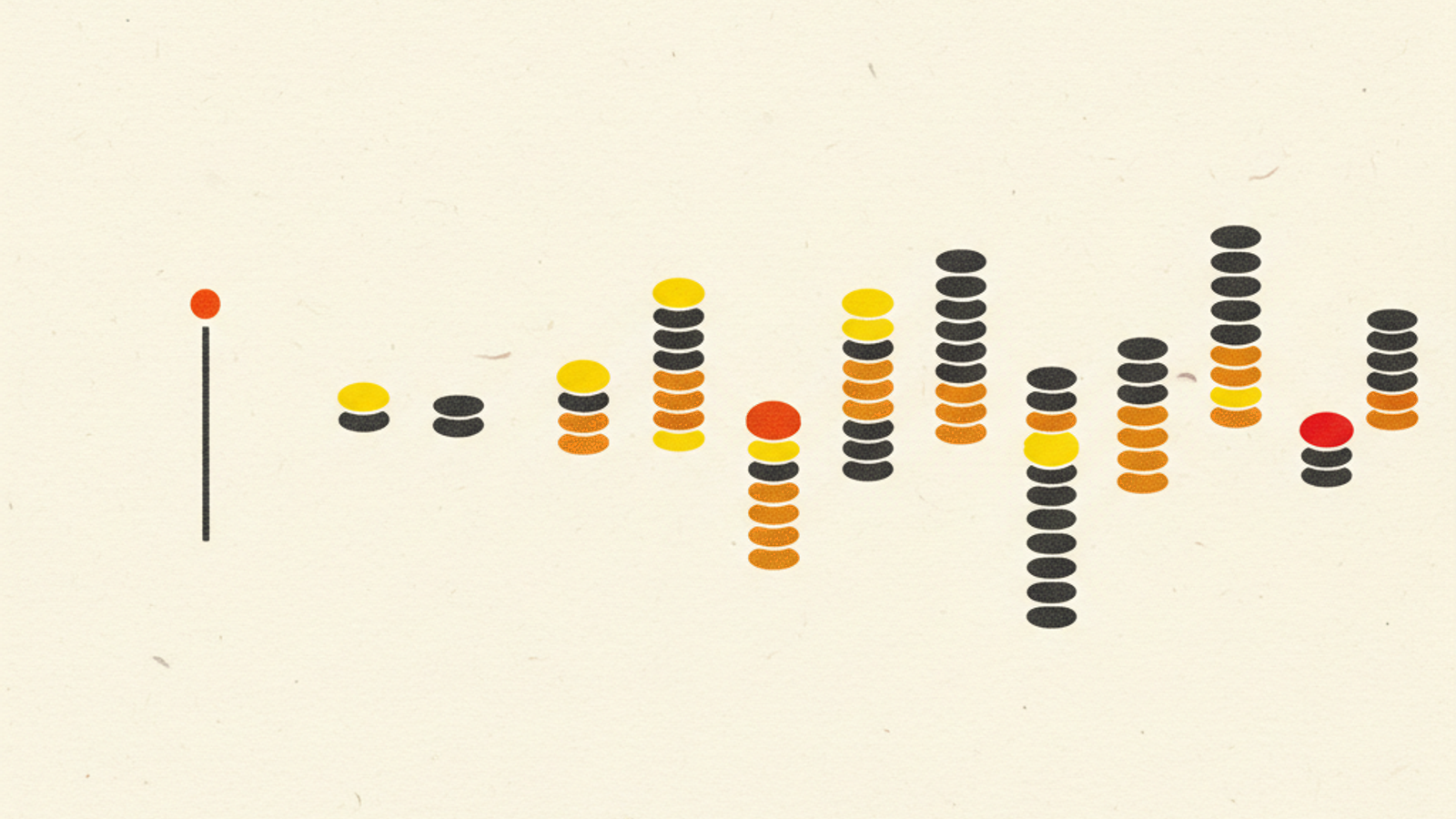 A single short charcoal stroke holding one orange dot on the left beside a loose row of uneven stacks of small charcoal, orange and amber discs, on a warm off-white field