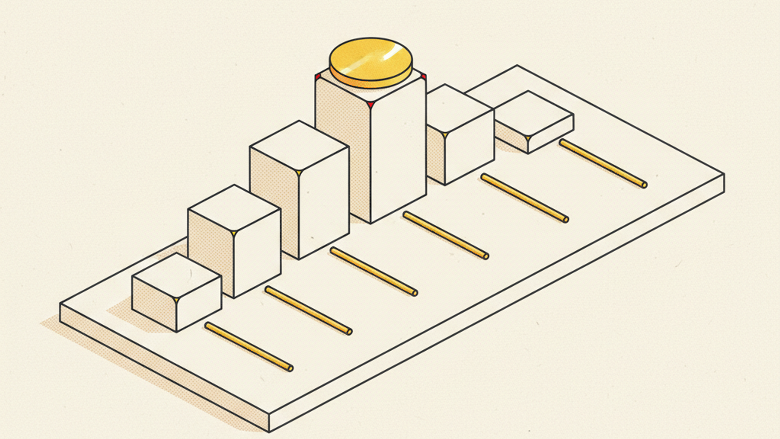 Seven blank stone blocks of different heights in a row on a pale slab, each with a brass rod in front of it, and an amber disc on top of the tallest block
