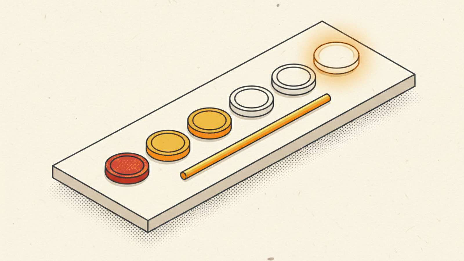 A long pale slab holding a diagonal row of six round tokens that fade in steps from orange through amber to pale, with a thin amber rod lying in front of the row
