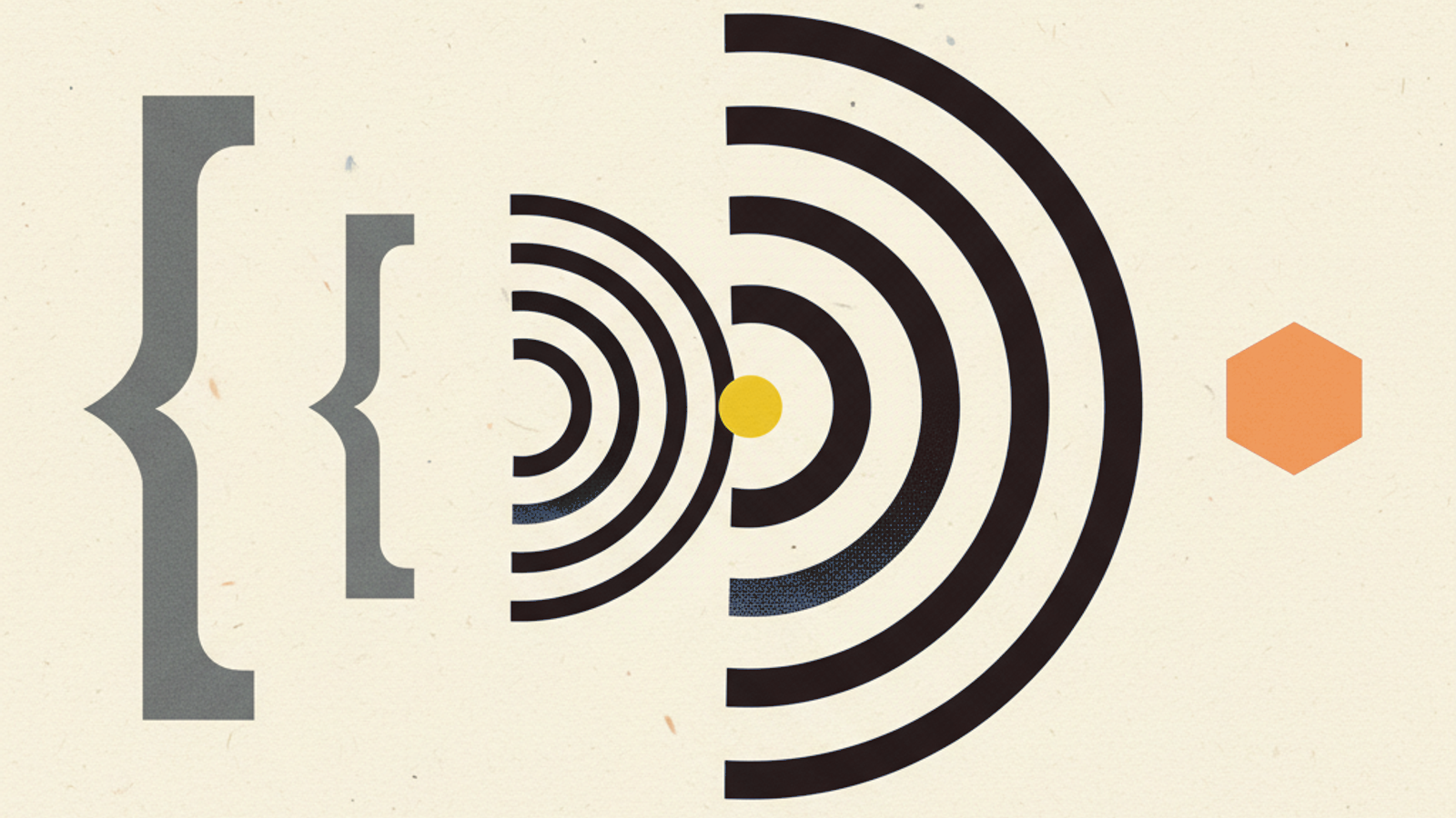 Nested open brackets unfolding into a fan of paired concentric arcs, one pair linked by an amber node to a floating hexagon