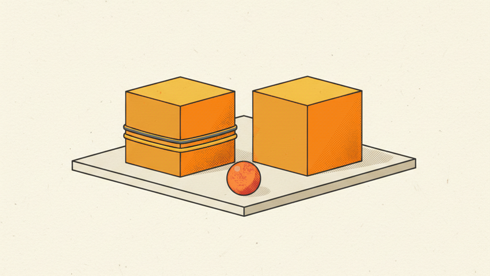 Two identical orange cubes side by side on a pale-stone slab, one wrapped in thin dark and yellow bands, with a small orange sphere in front