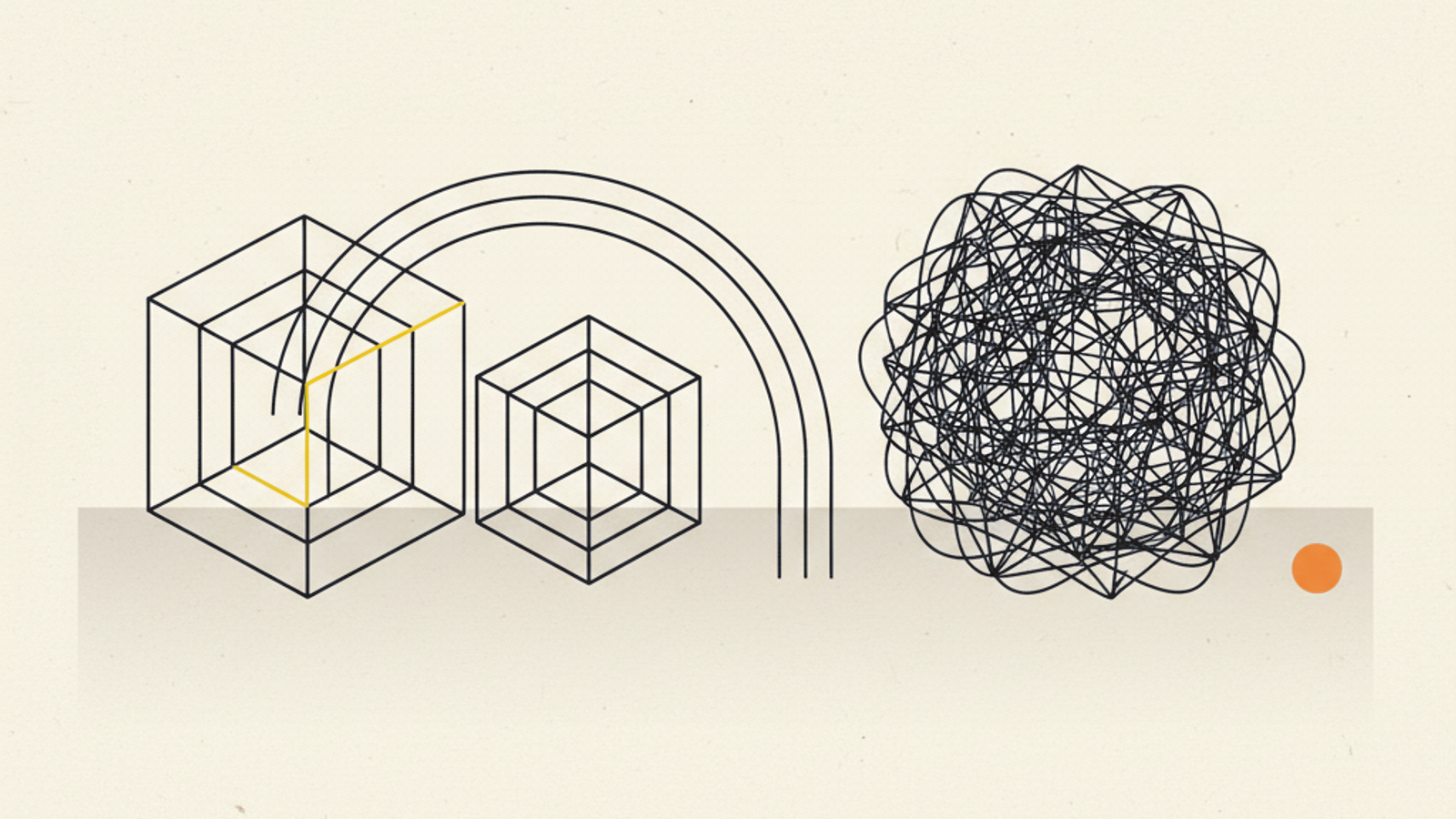 Two clean wireframe cubes beside a third cube drawn as tangled scaffolding, resting on a gradient plane connected by thin arcs
