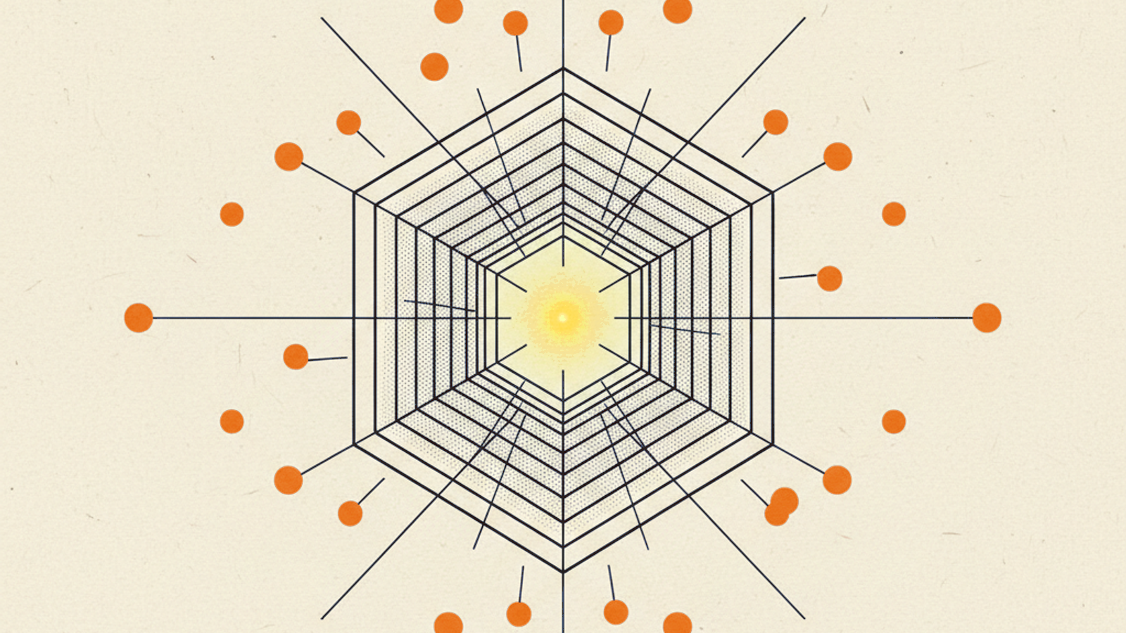 A translucent nested cube lattice with a single glowing amber node at its center, thin lines radiating outward to smaller unlit nodes